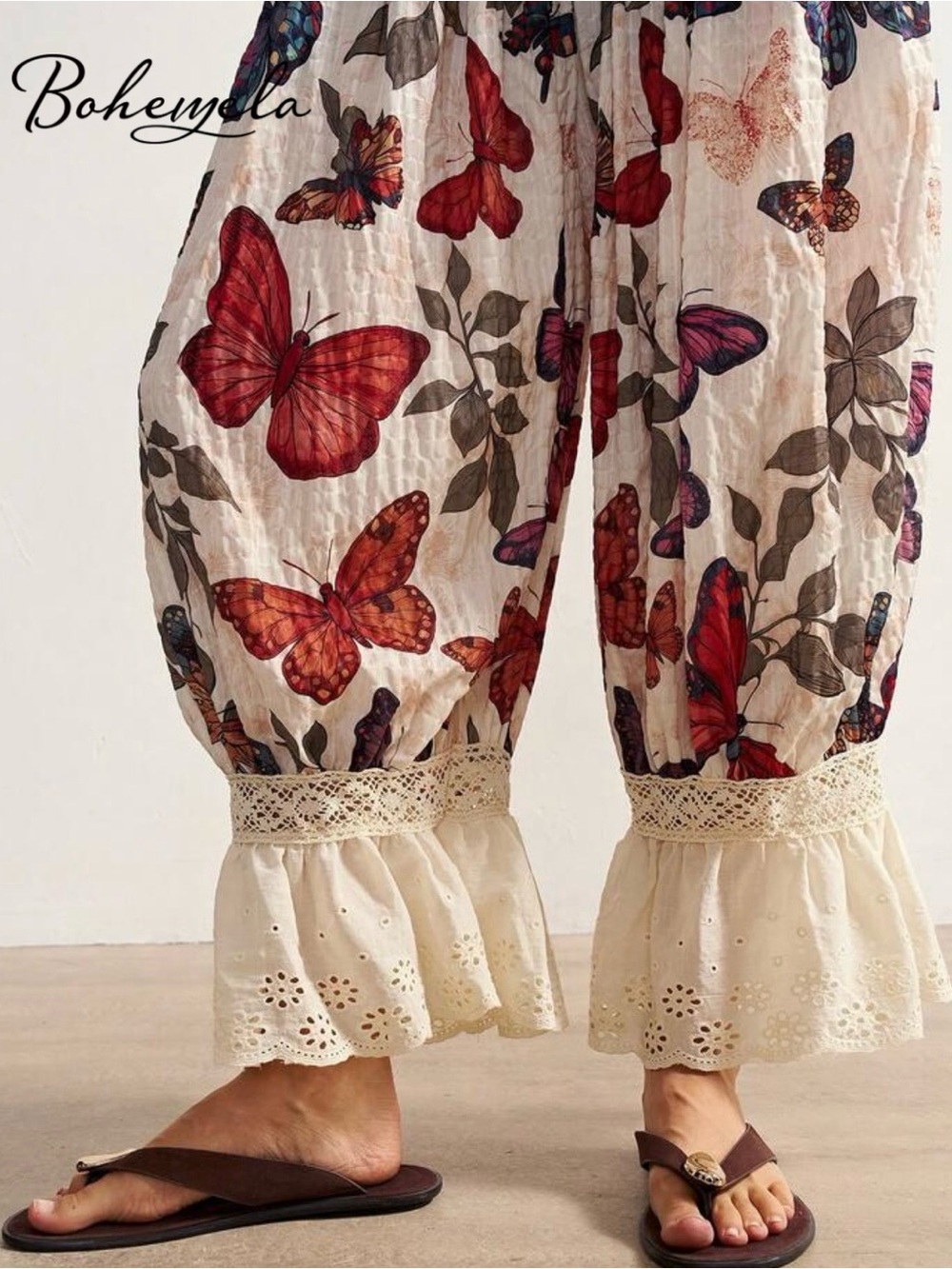 NWOT Bohemela White Butterfly Wide Leg Pants, Bloomers, Various Sizes - Picture 2 of 10
